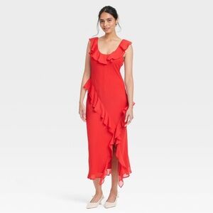 A New Day Red Asymmetrical Flowy Elegant Ruffle Slip Midi Dress